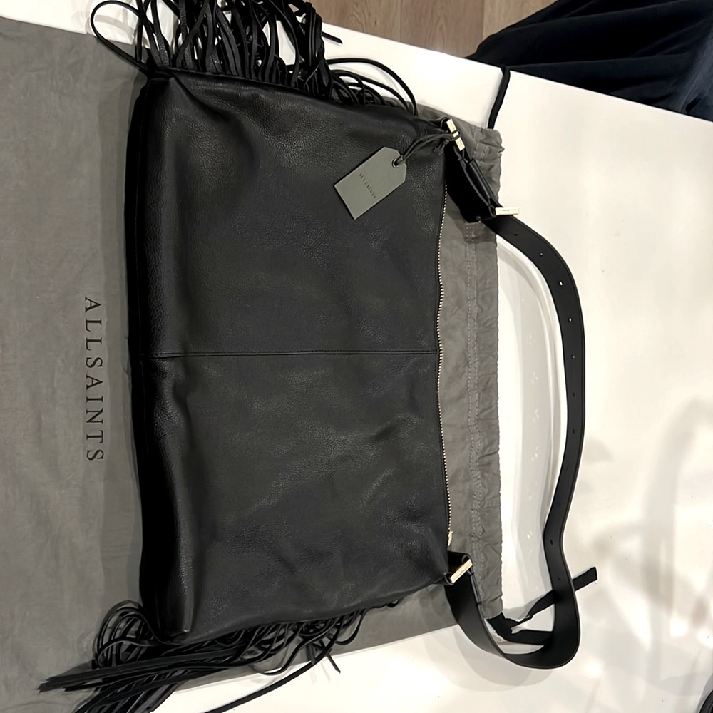 NWT All Saints Edbury Fringe Shoulder Bag Black